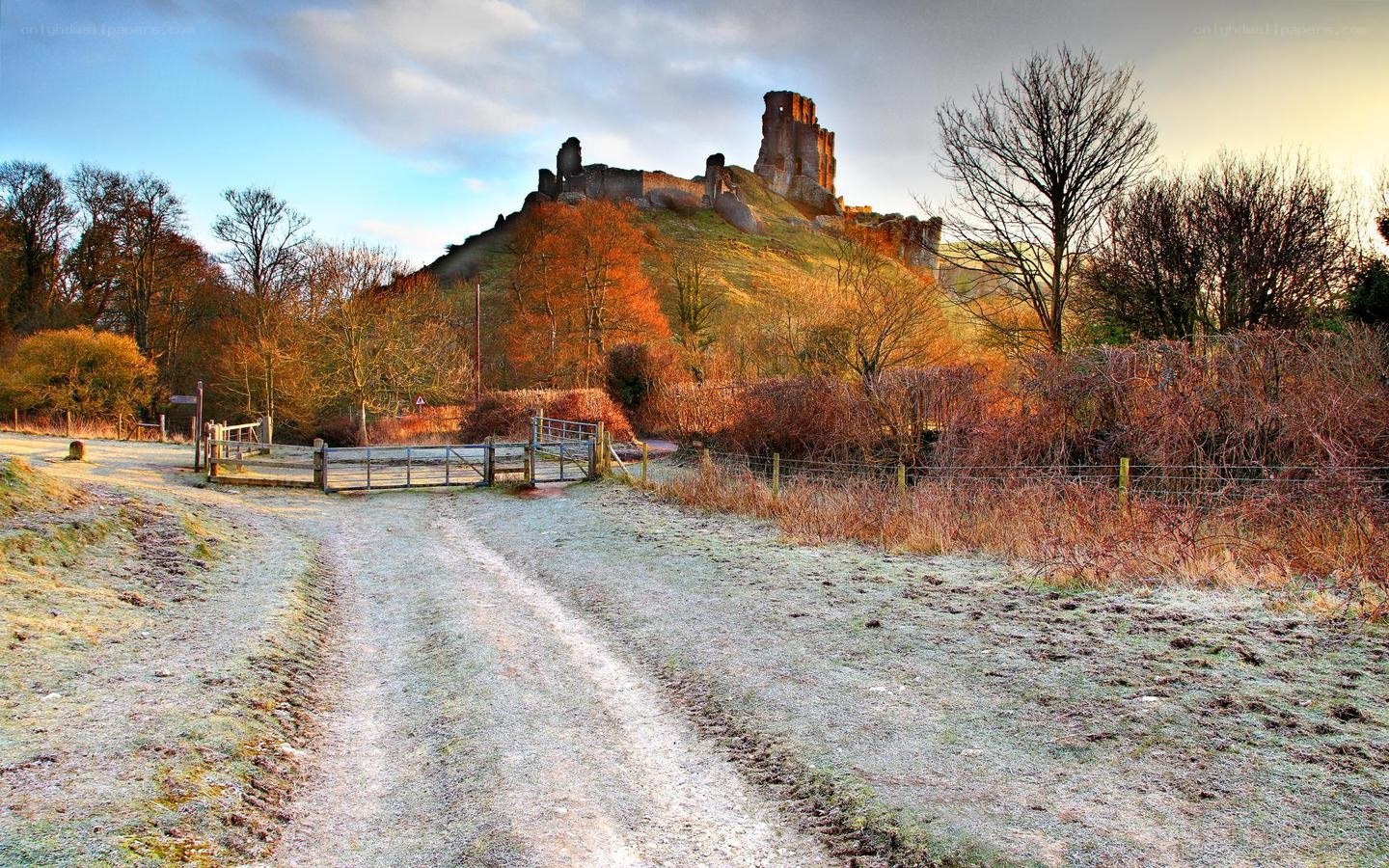 Frosty path to a castle ruin