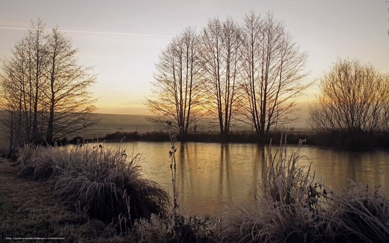 Frosty pond at sunset