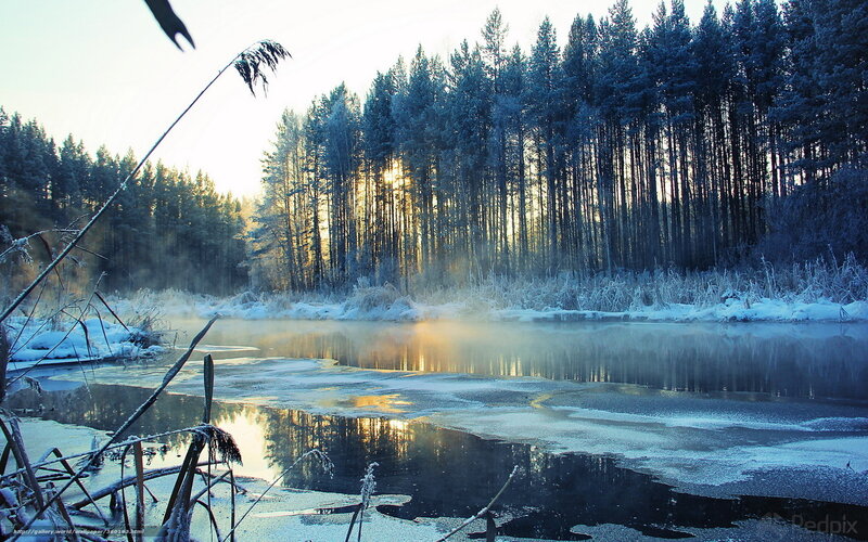 frosty river at sunrise