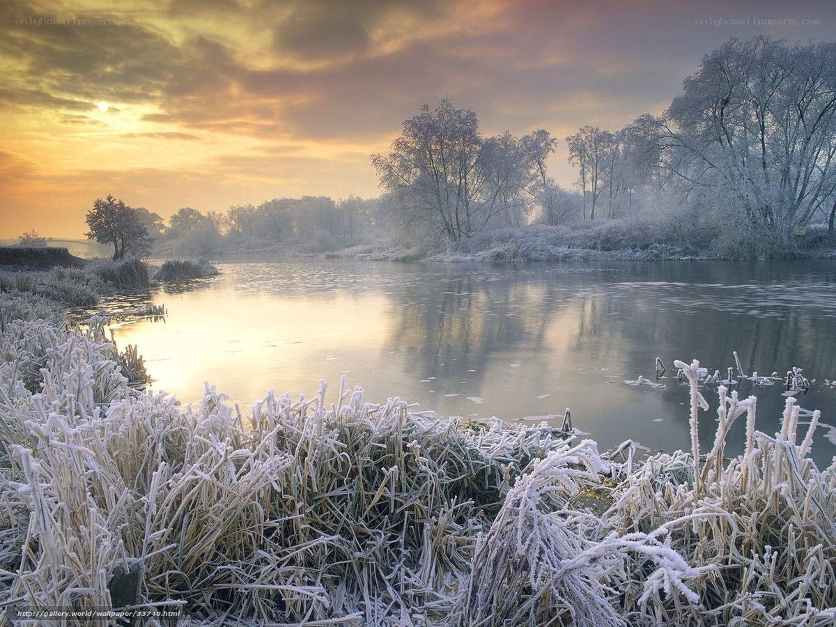 Frosty river at sunrise