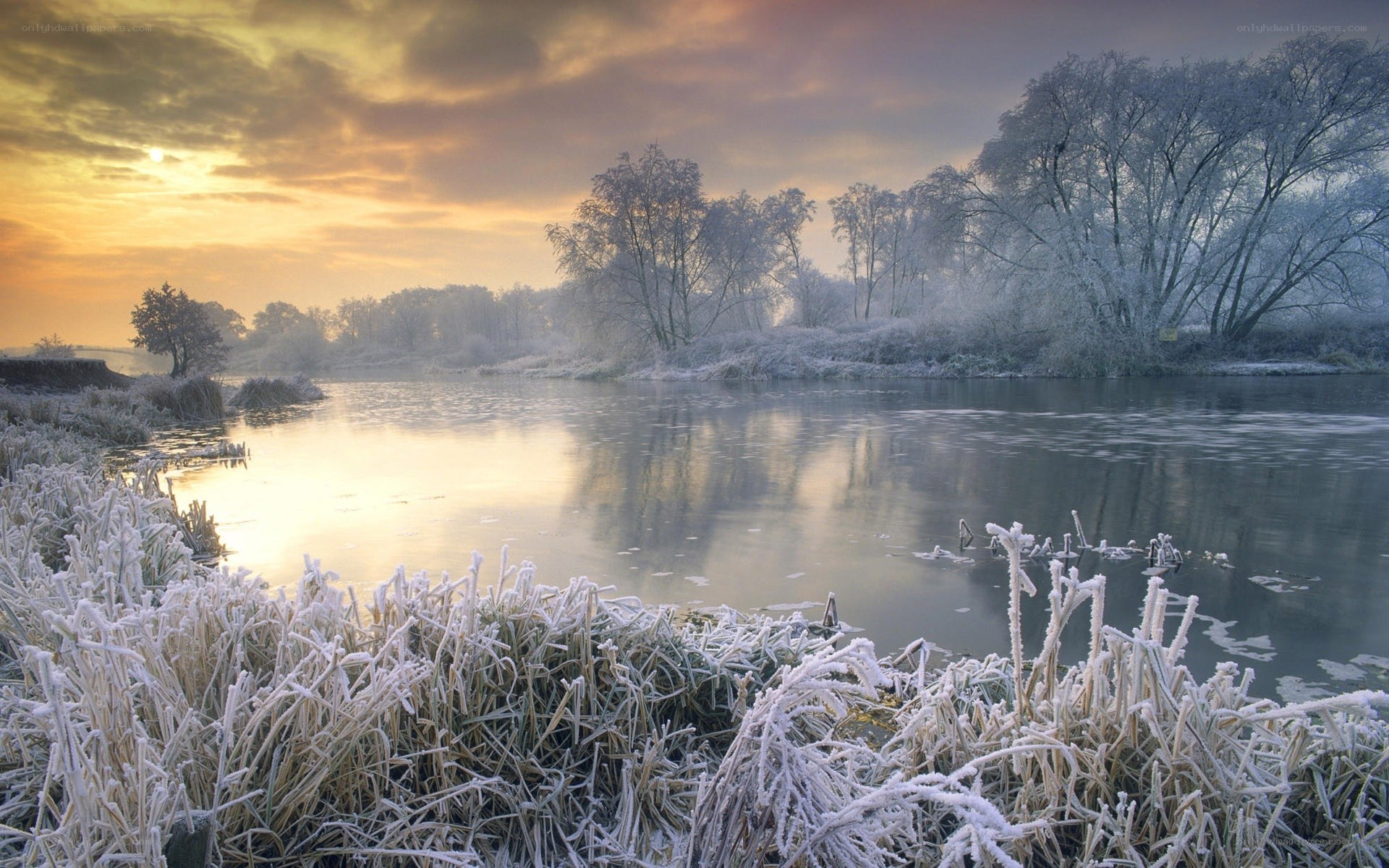 Frosty river at sunrise