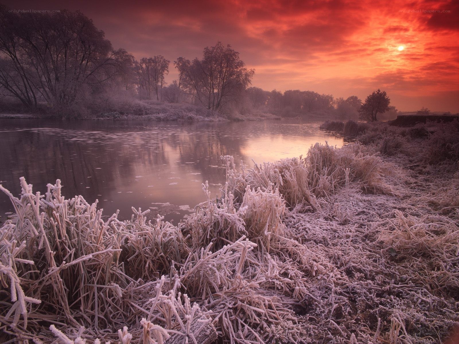 Frosty river at sunrise