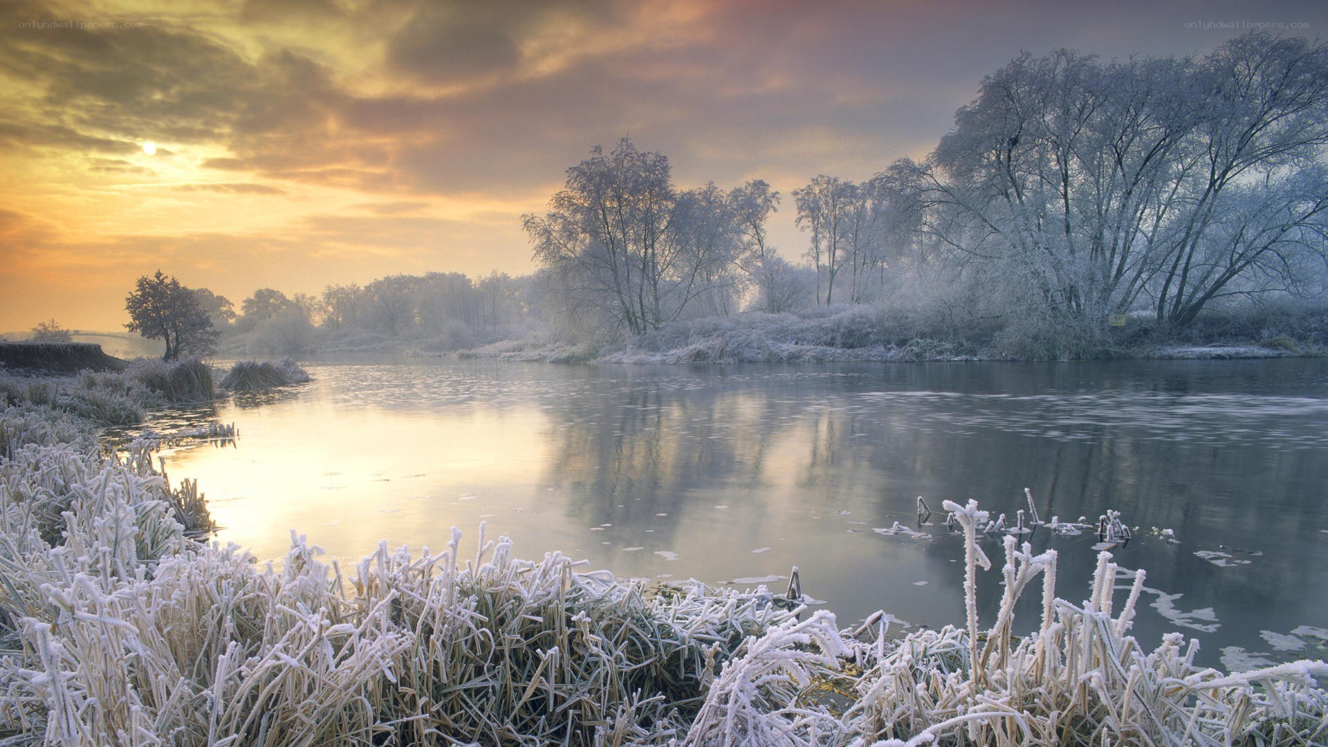 Frosty river at sunrise