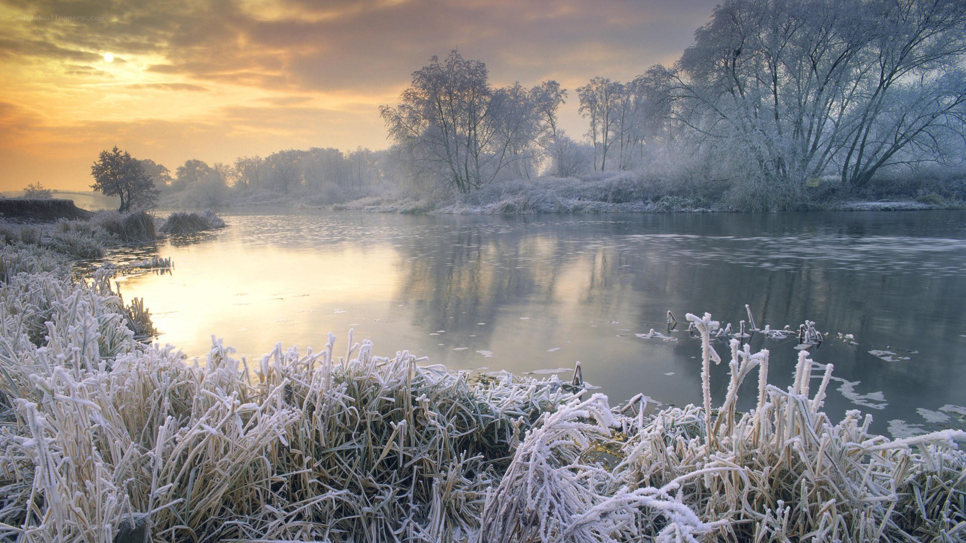 Frosty river at sunrise