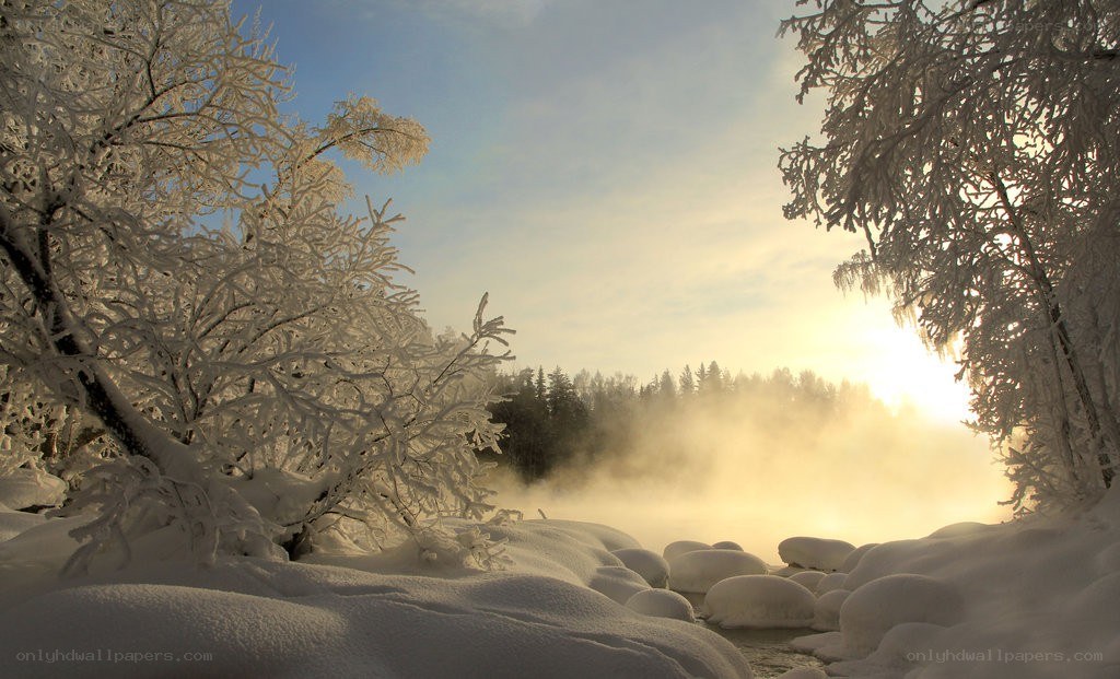 frosty river at sunrise