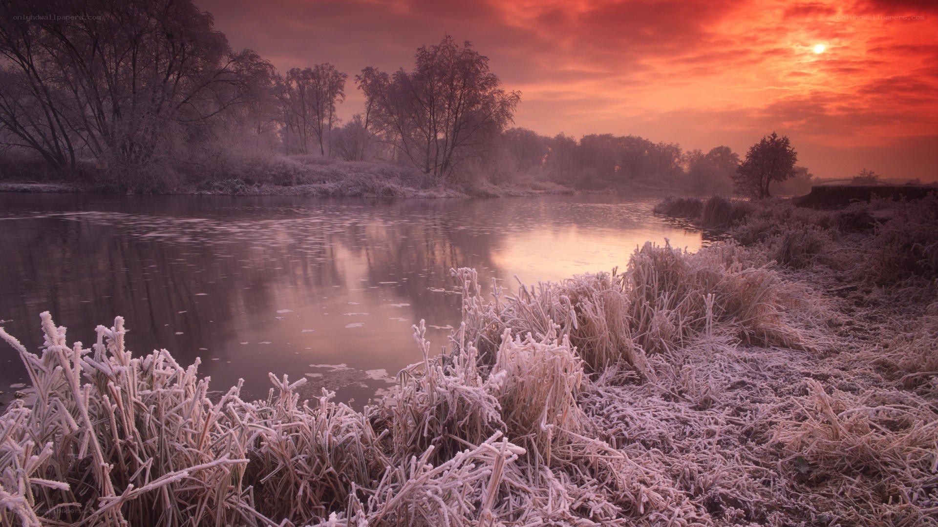 Frosty river at sunrise