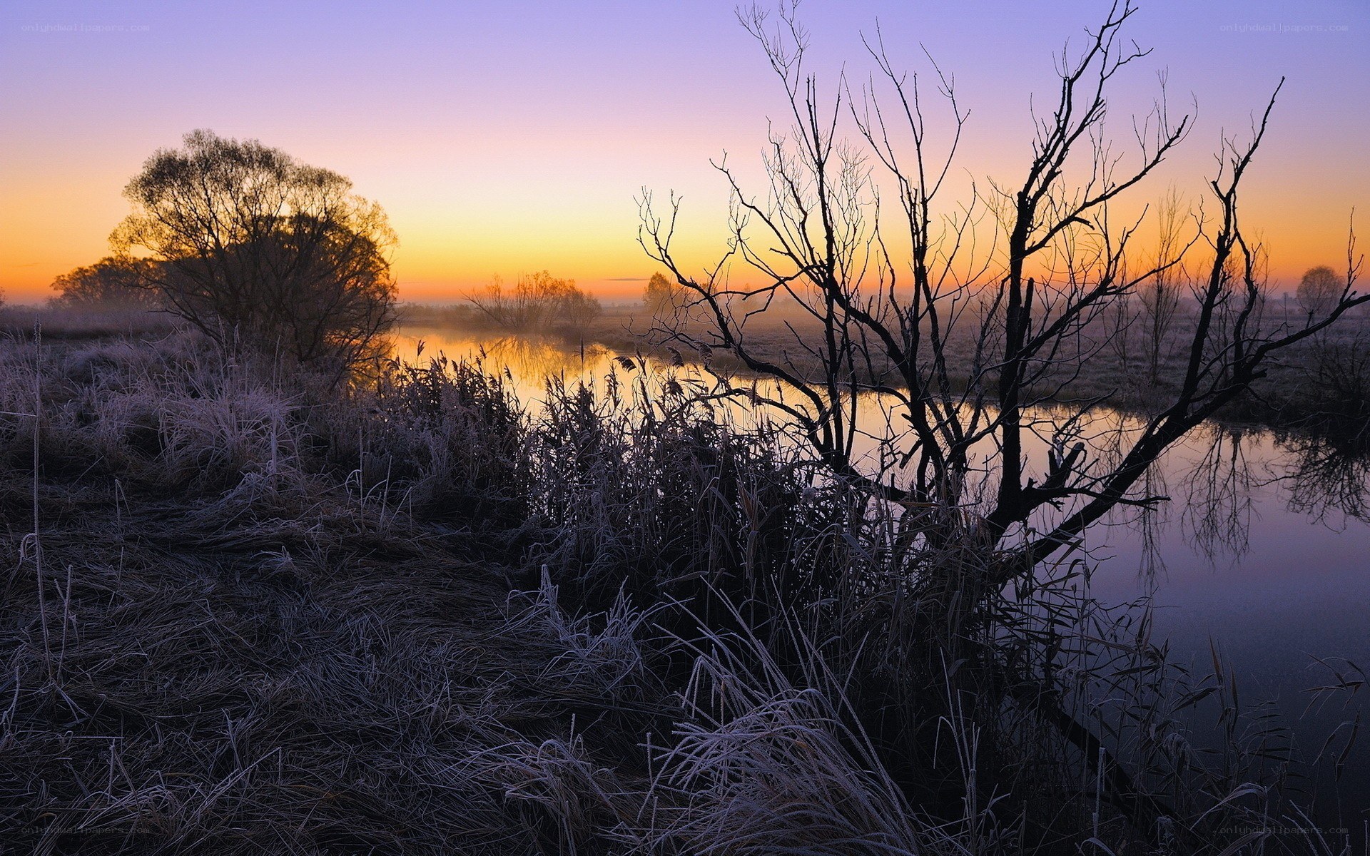Frosty river at sunrise