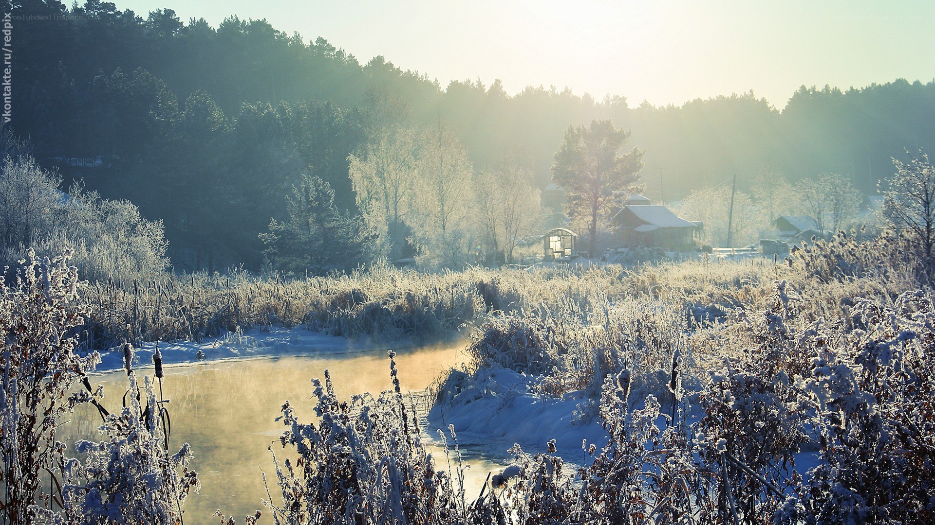 Frosty river at sunrise