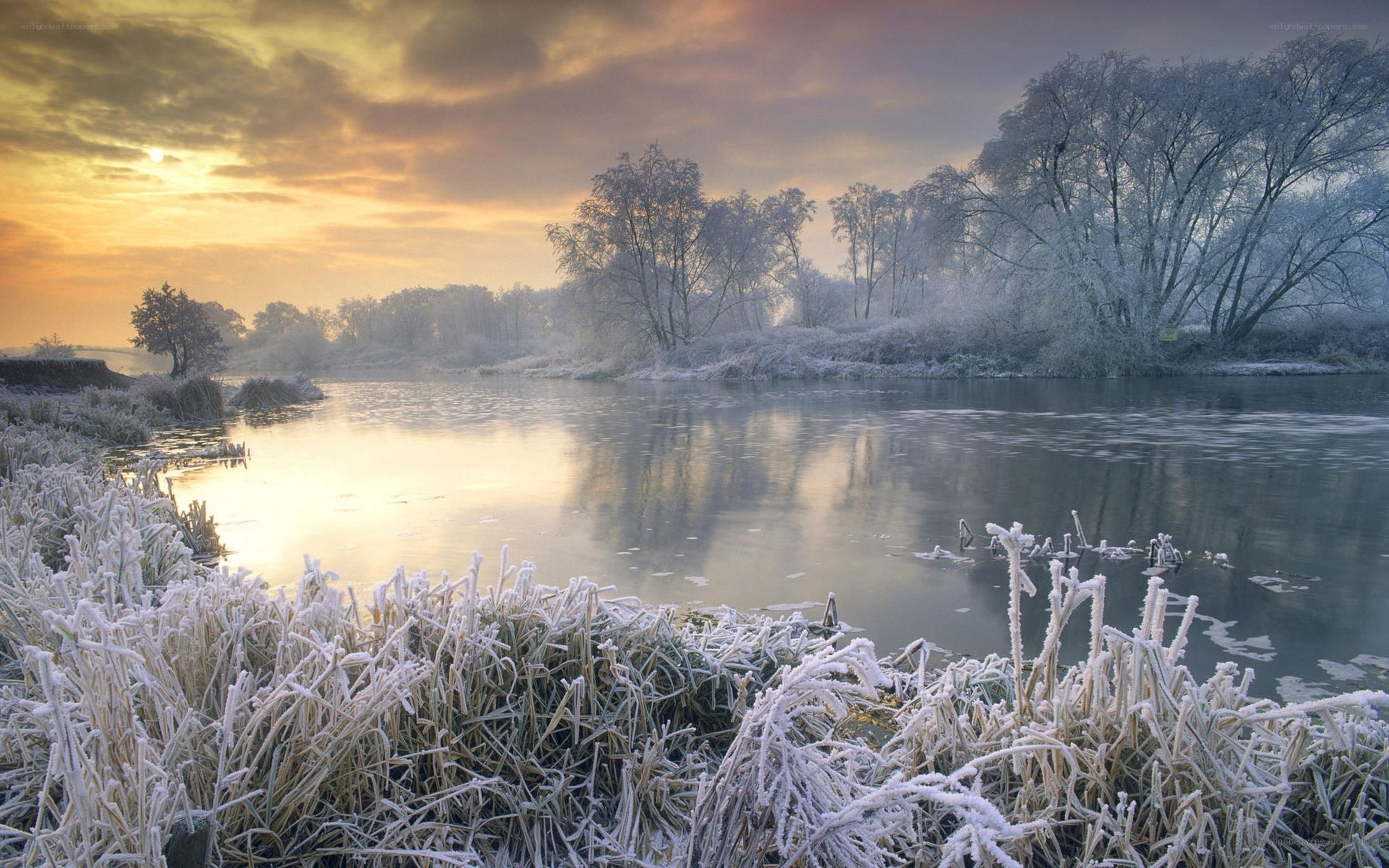 Frosty river at sunrise