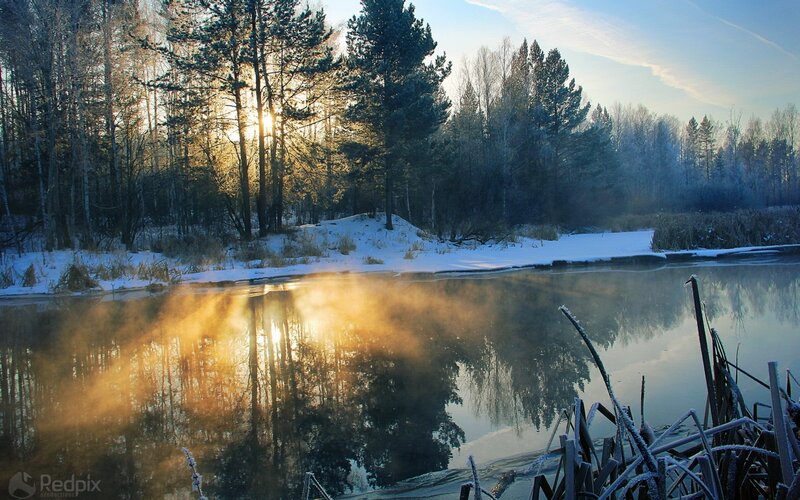 Frosty River at Sunrise — Blue, Serene, Winter, Photograph, Trees, Snow, Mist, Sun