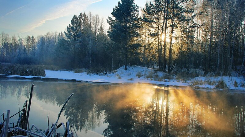 Frosty River at Sunrise — Blue, Serene, Winter, Photograph, Trees, Snow