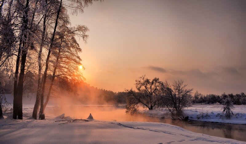 Frosty River at Sunrise — Orange, Serene