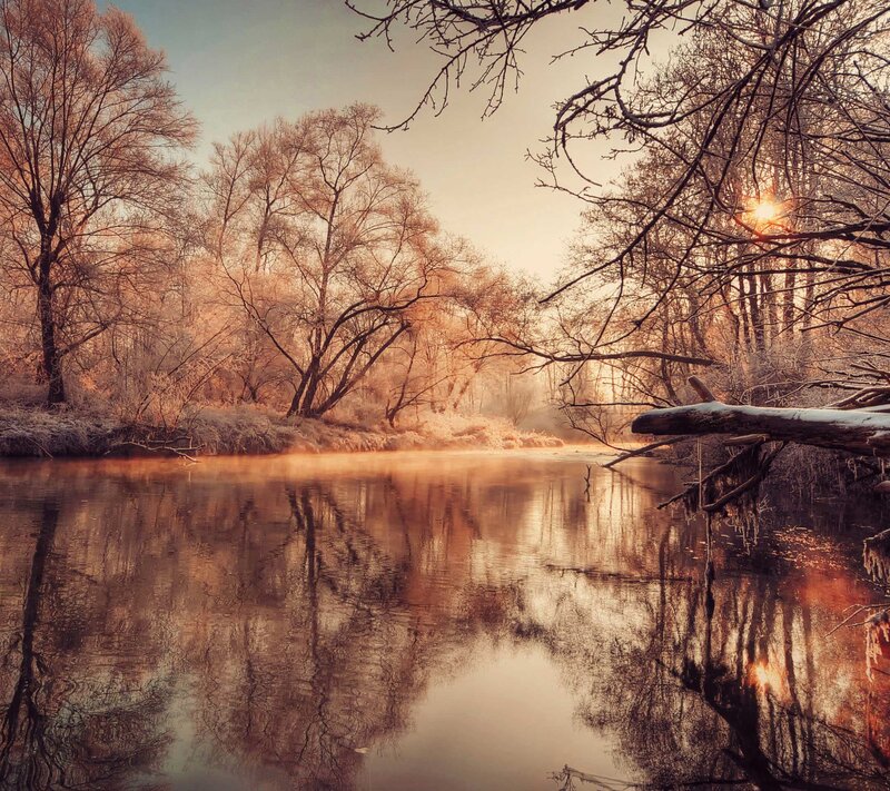 Frosty River at Sunrise — Orange, Serene, Winter