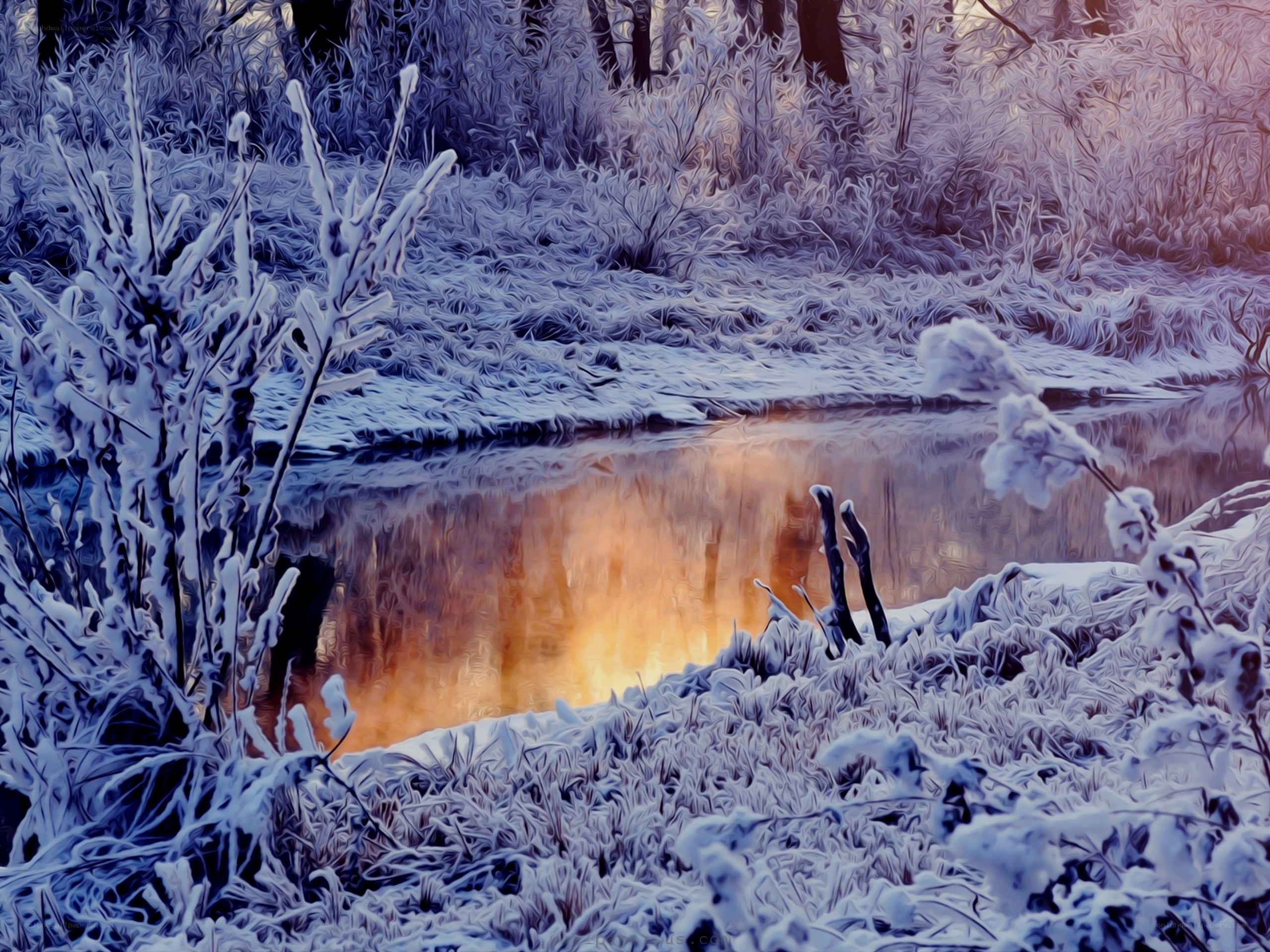 frosty river at sunset