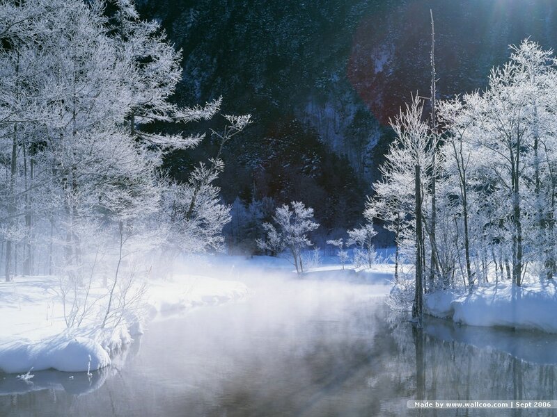 Frosty river in winter forest