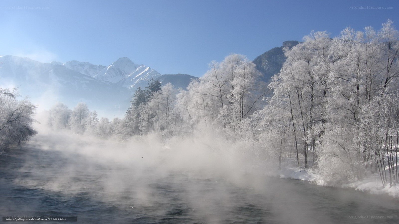 Frosty river with steam
