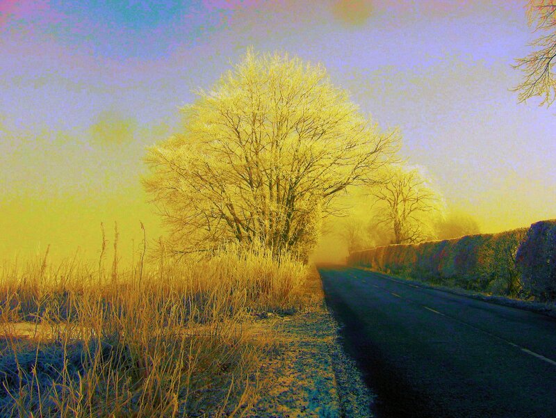 Frosty road at sunrise