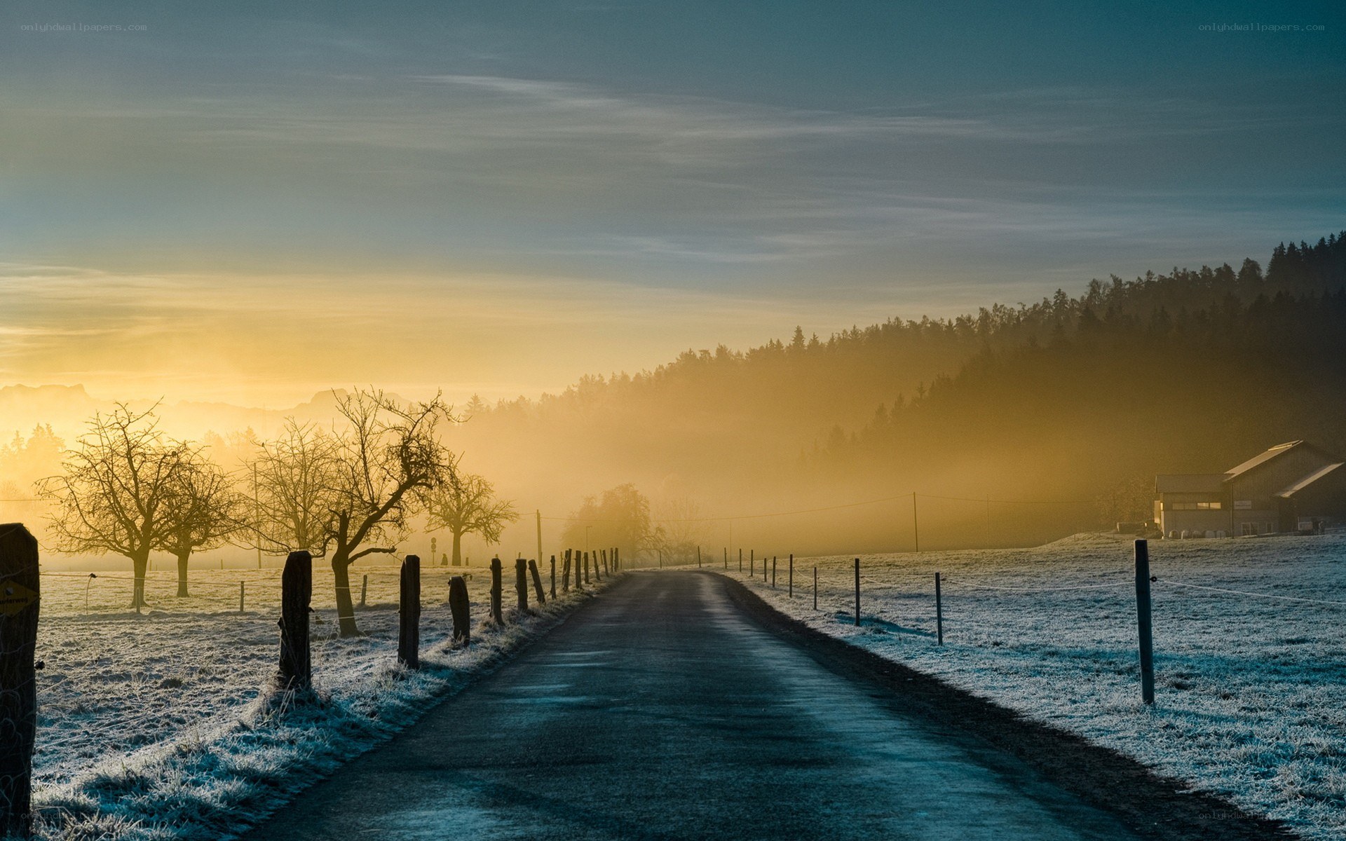 Frosty road at sunrise