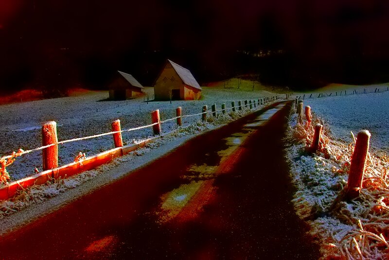 Frosty Road with Barns