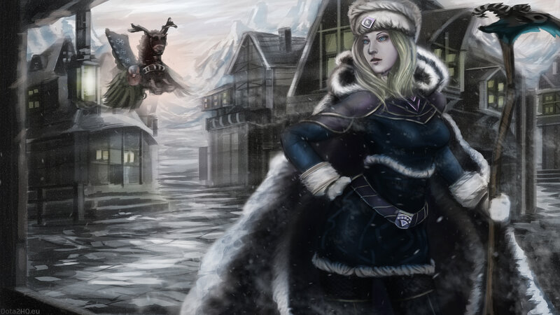 frosty village with warrior woman