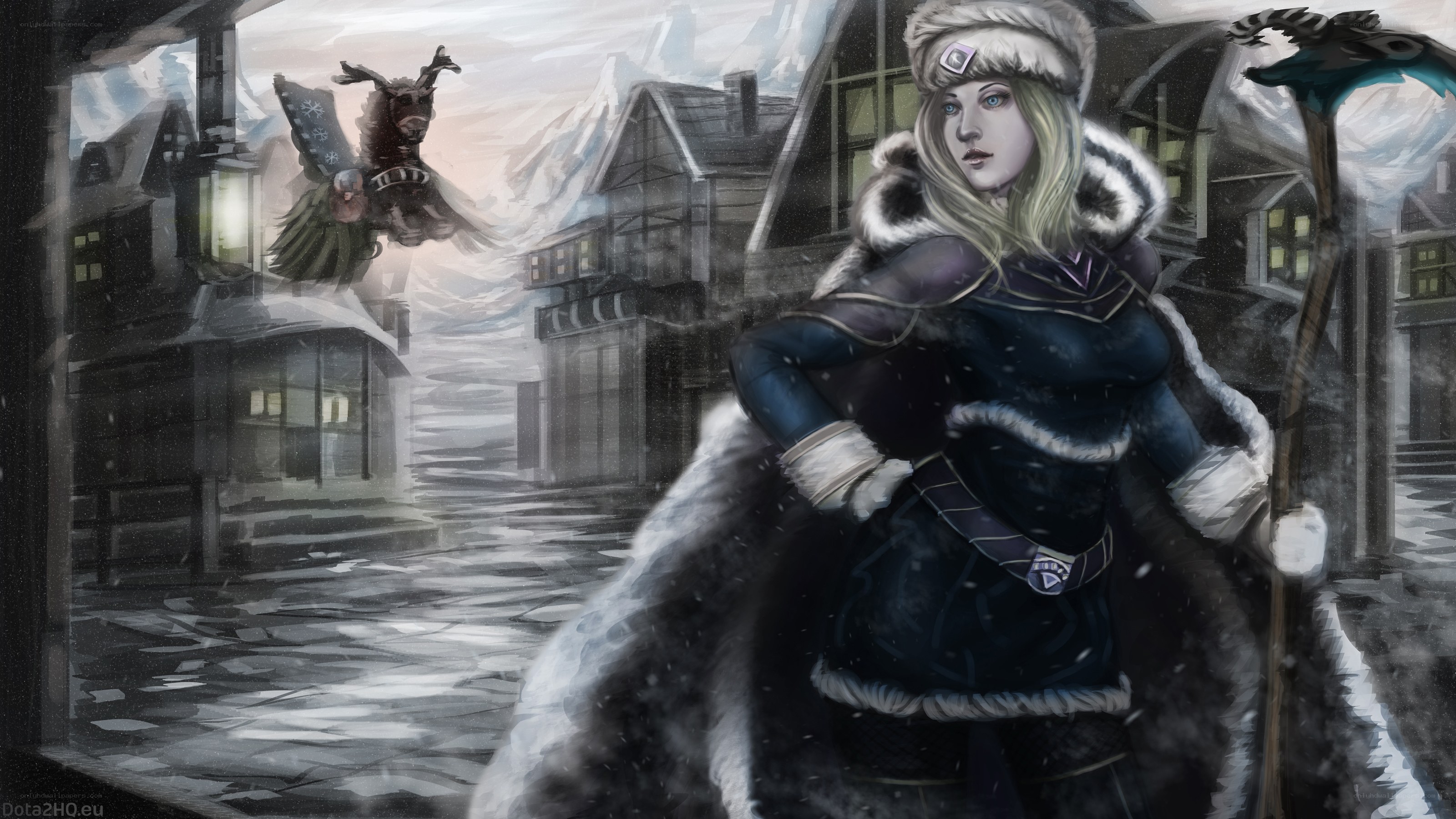 frosty village with warrior woman