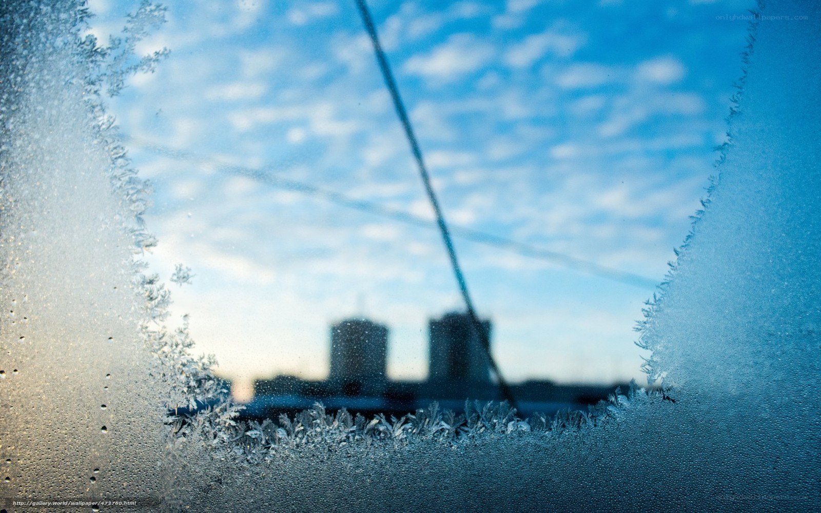 frosty window view of city