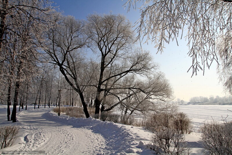 Frosty winter path by river