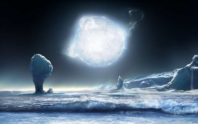 Frozen alien landscape with glowing moon