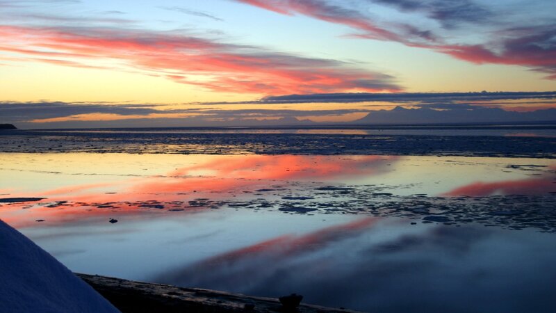 Frozen Bay at Sunset — Red, Serene, Photograph