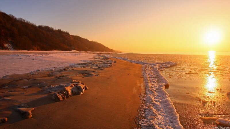 Frozen Beach at Sunset — Orange, Serene, Photograph
