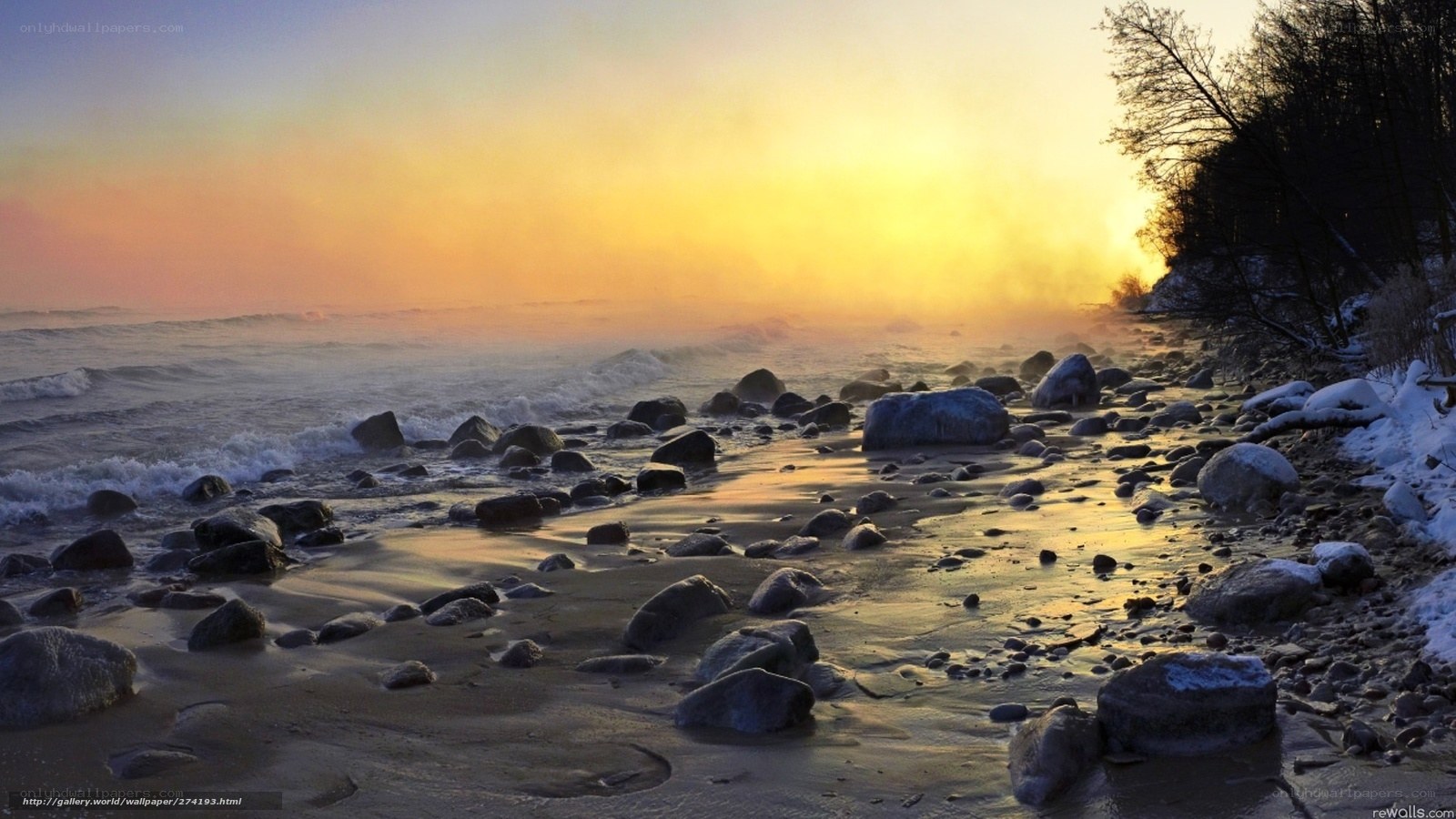 Frozen beach at sunset