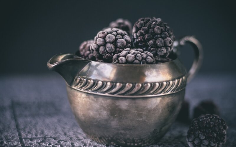 Frozen Blackberries in Silver Pitcher