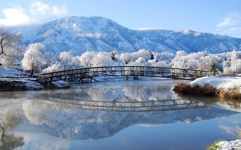 Frozen Bridge and Mountains — Blue, Serene