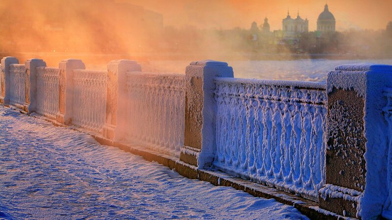 frozen bridge at sunrise