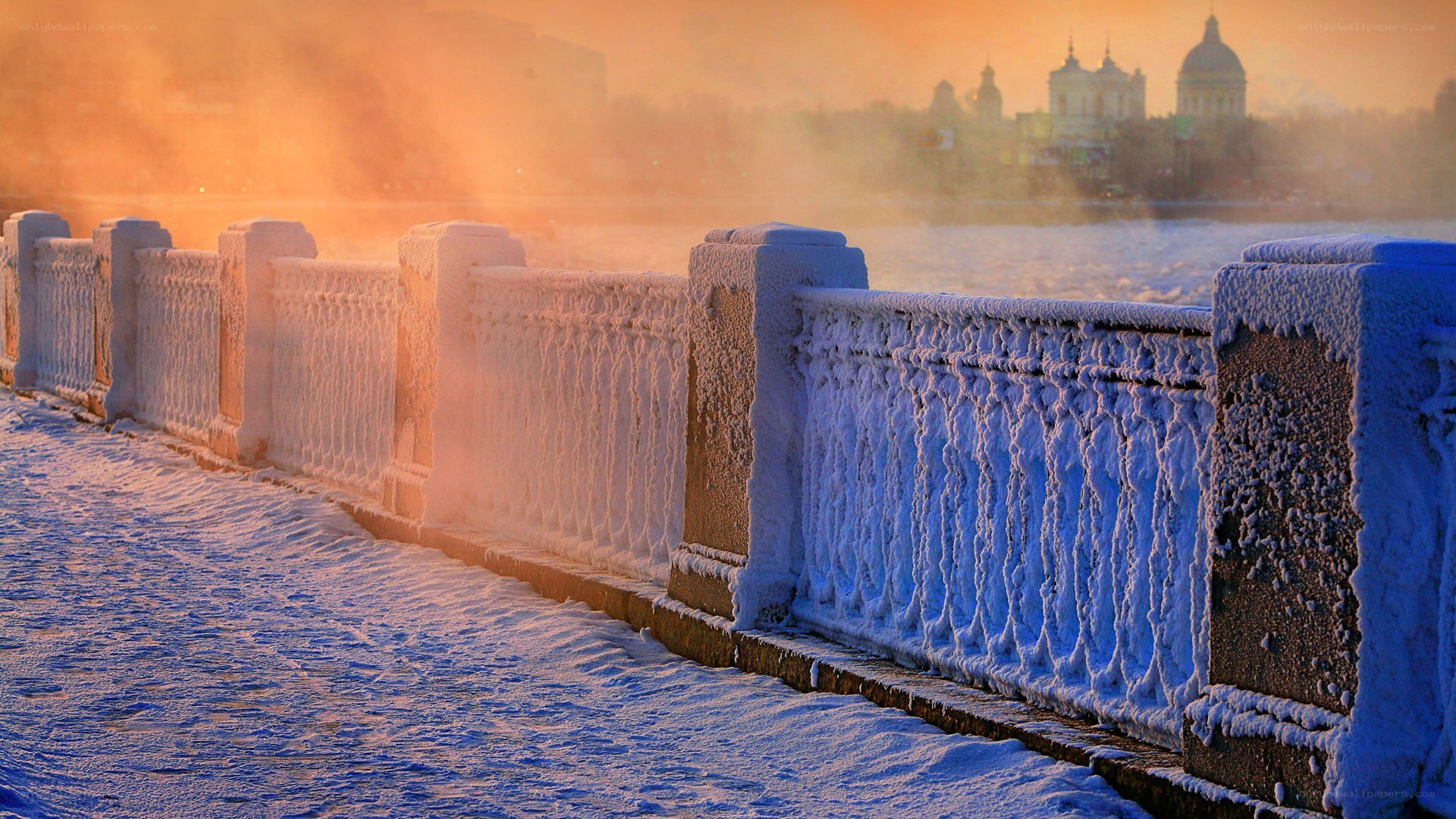 frozen bridge at sunrise