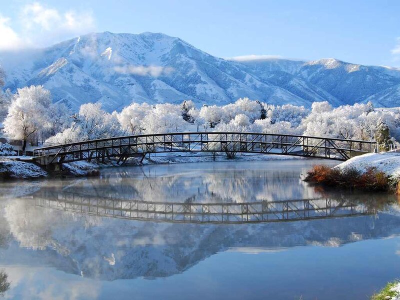 Frozen Bridge over River — Blue, Serene