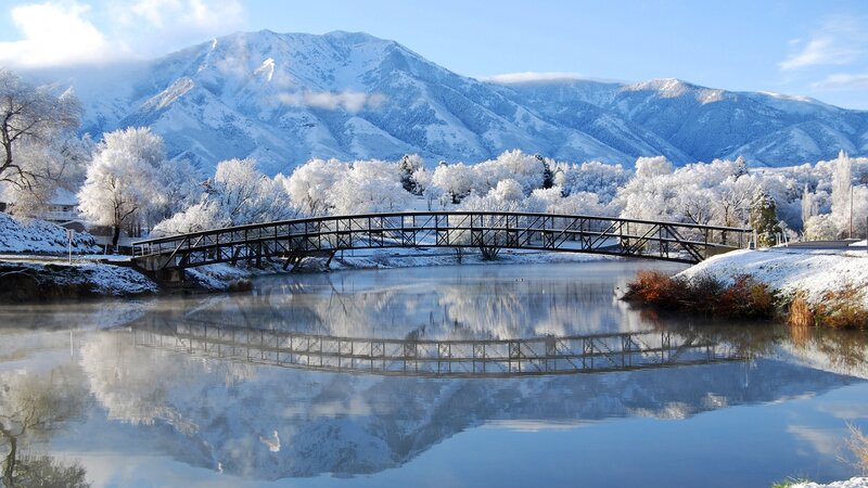 Frozen Bridge over River — Blue, Serene, Winter
