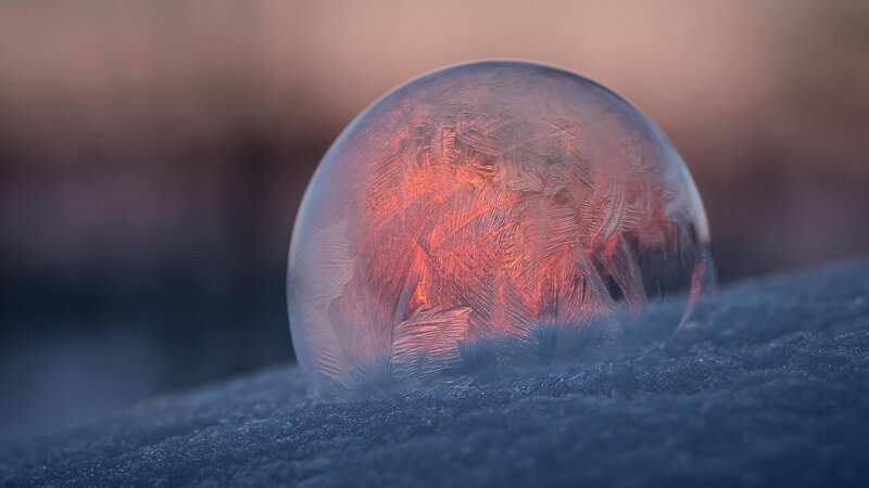 Frozen Bubble on Snow — Blue, Serene, Winter, Photograph, Ice Crystals