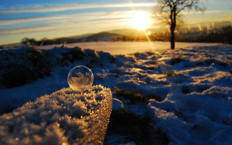 Frozen Bubble on Snow — Blue, Serene, Winter