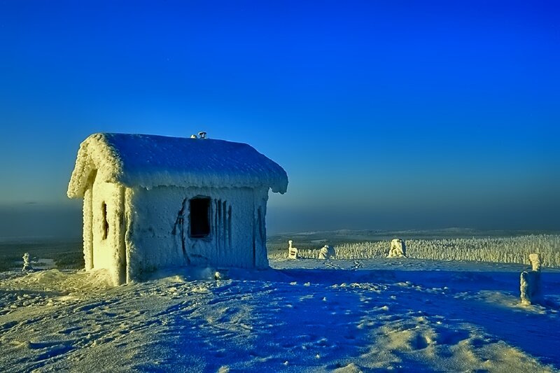 Frozen Cabin in Snow — Blue, Serene
