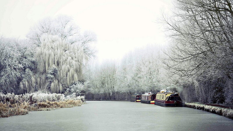 Frozen Canal with Boats — White