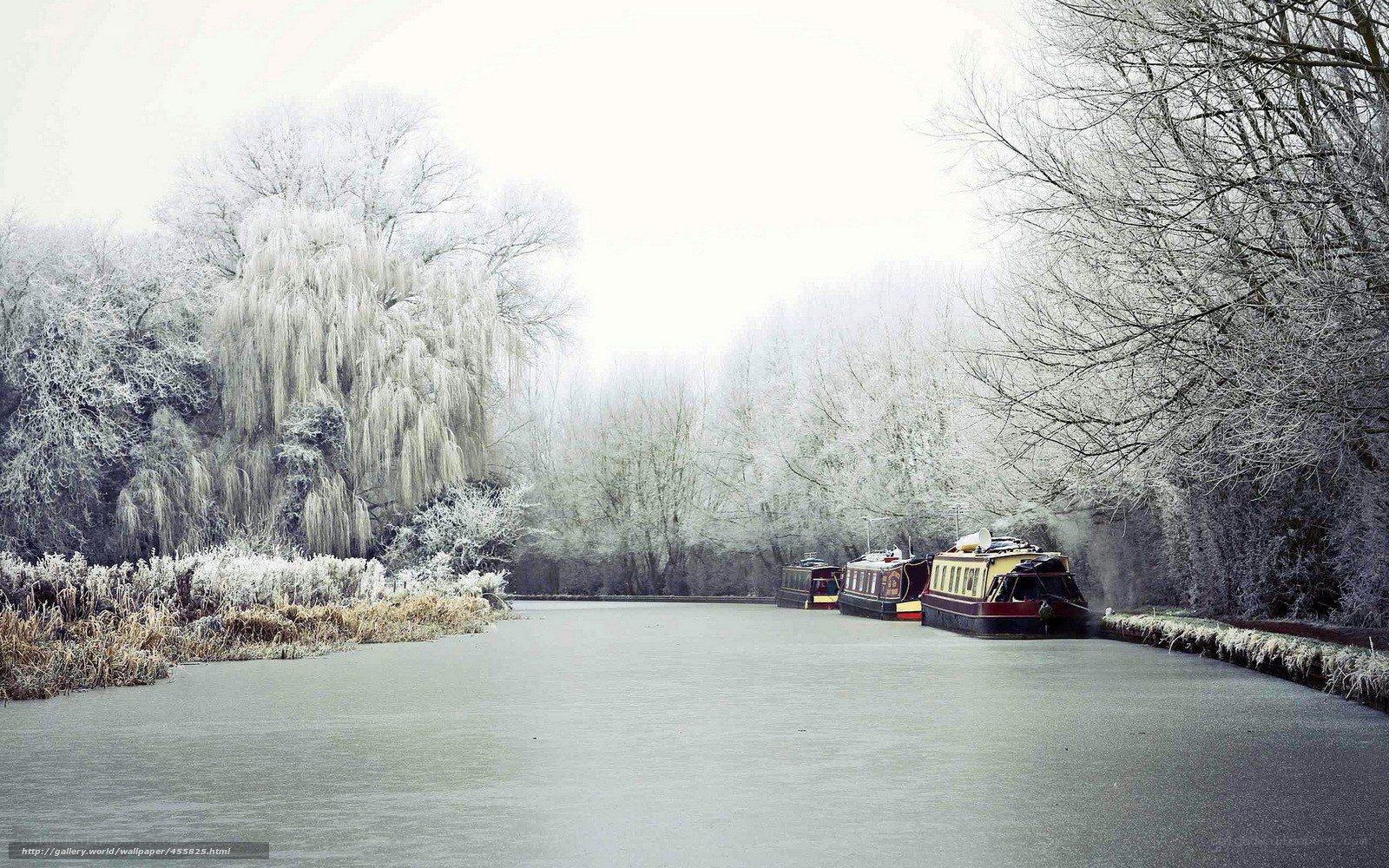 Frozen canal with boats