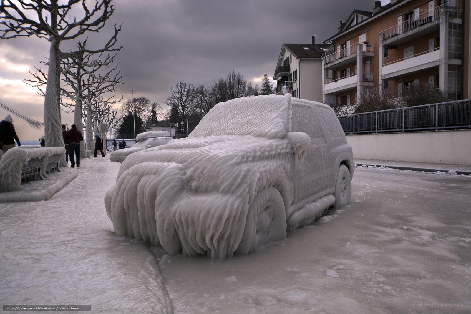 Frozen car sculpture in winter