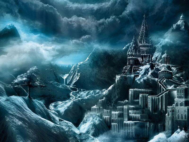 frozen castle in mountainous landscape