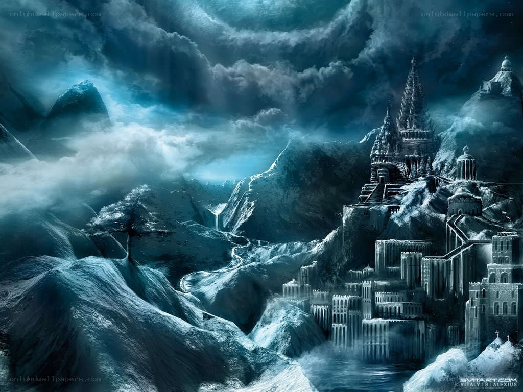 frozen castle in mountainous landscape