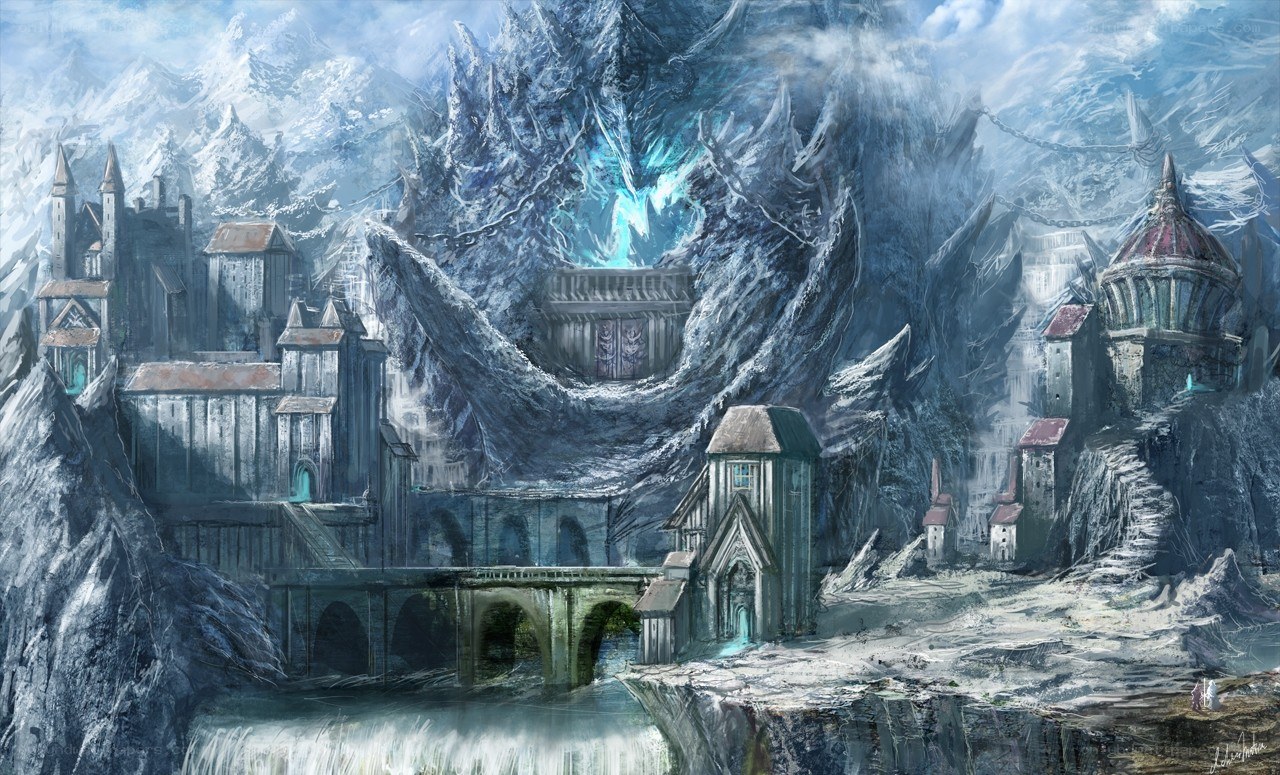 frozen castle in mountainous landscape