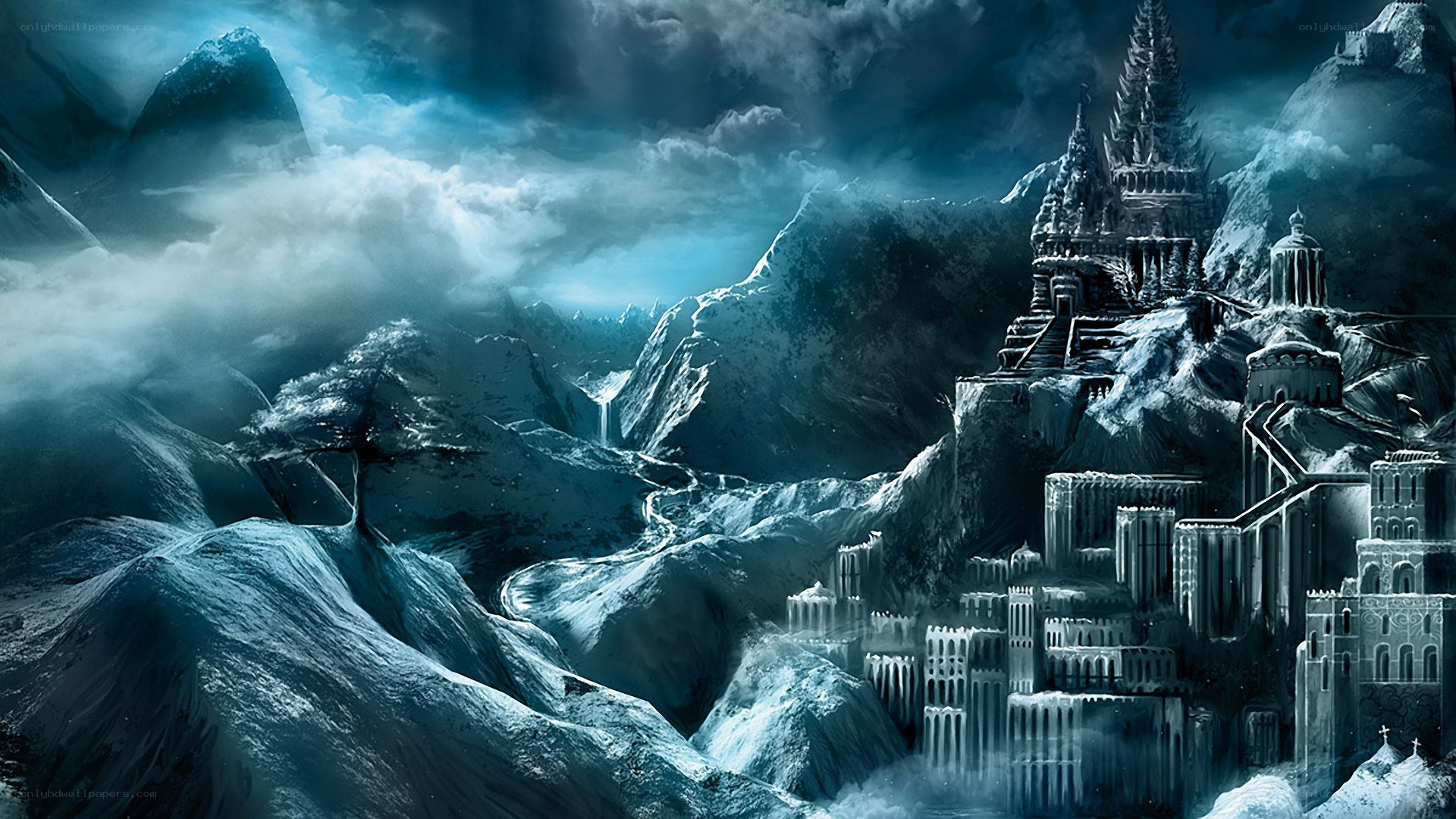 frozen castle in mountainous landscape
