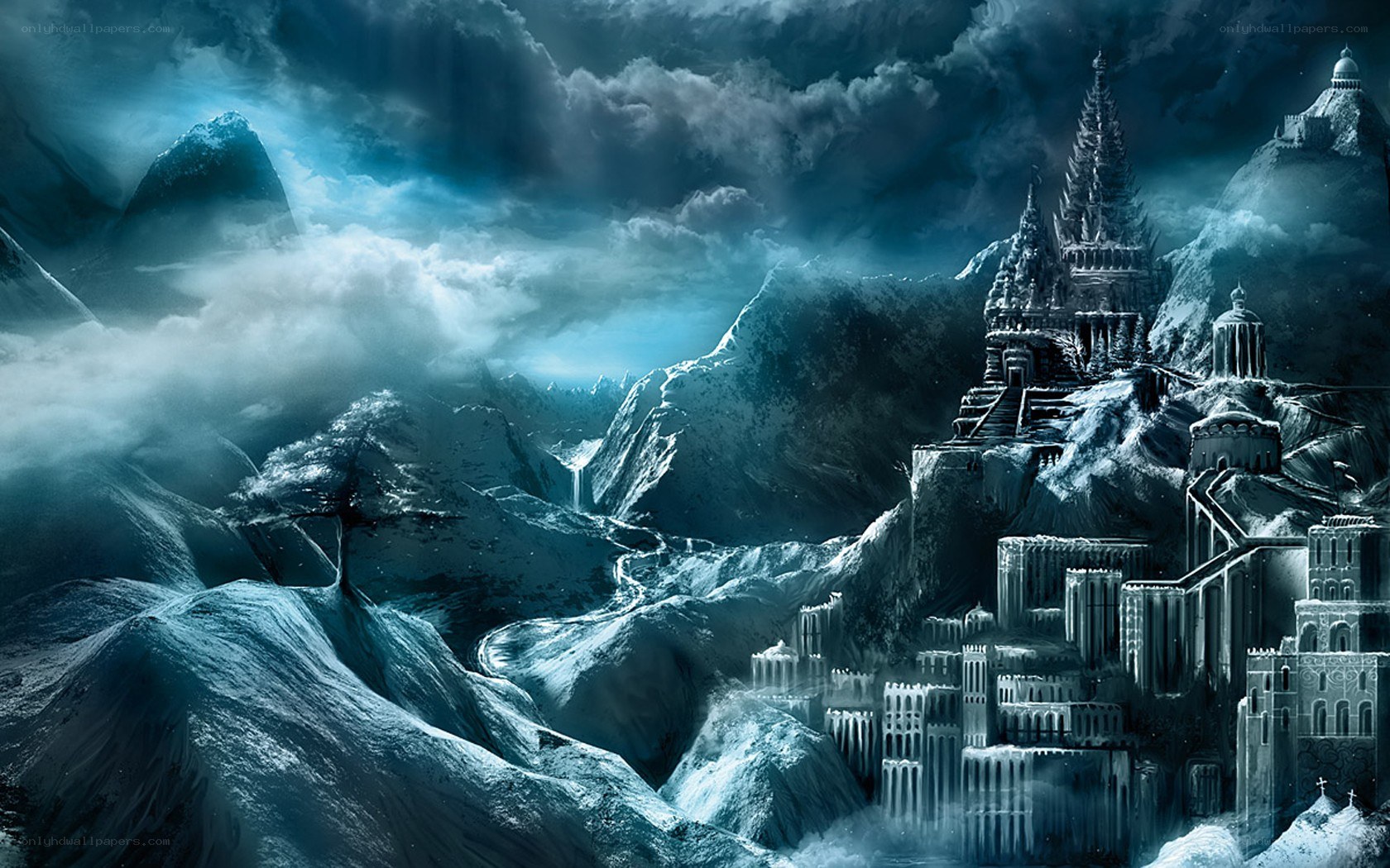frozen castle in mountainous landscape