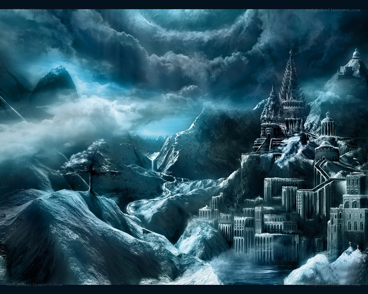 frozen castle in mountainous landscape