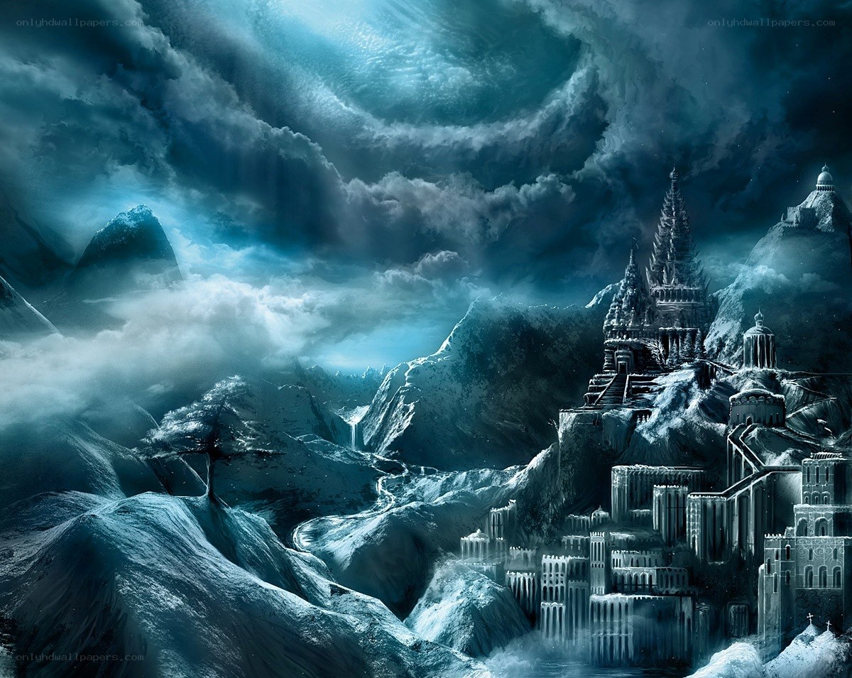 frozen castle in mountainous landscape